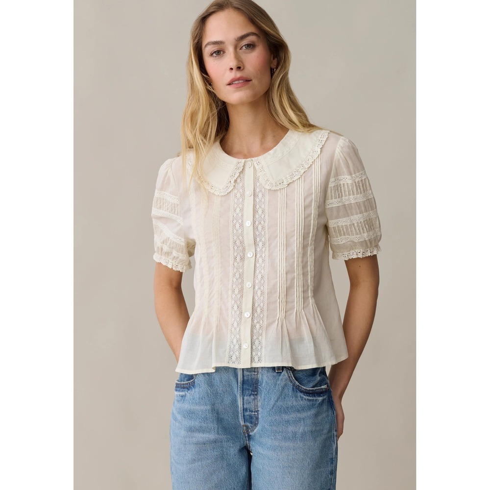 NWT Sorella Dorothy Pintuck Cotton Lace Trim Top in Cream - Size Small
